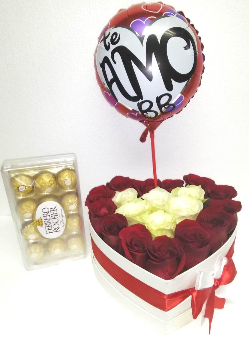 20 Rosas en Caja Corazn, Bombones Ferrero Rocher 150 grs y Globito